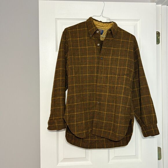 Vintage Pendleton Wool Shirt Mens Large Brown Gold Plaid USA Long Sleeve Pocket - Picture 1 of 5
